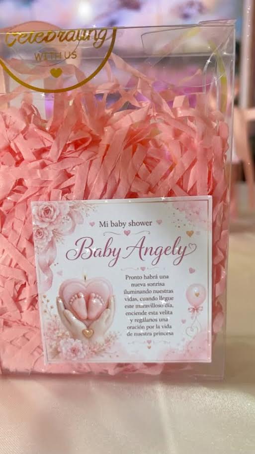 Heart-shaped baby feet candle favors with personalized baby shower cards