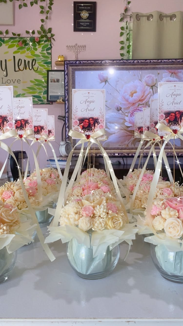 Wider front view of the complete wedding florivela bouquet arrangement