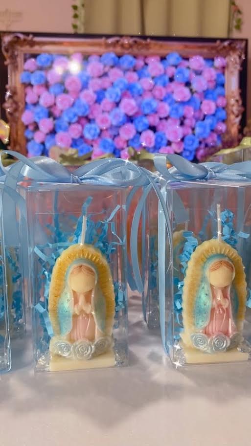 Hand-painted Virgin of Guadalupe candle favors in clear boxes with ribbons