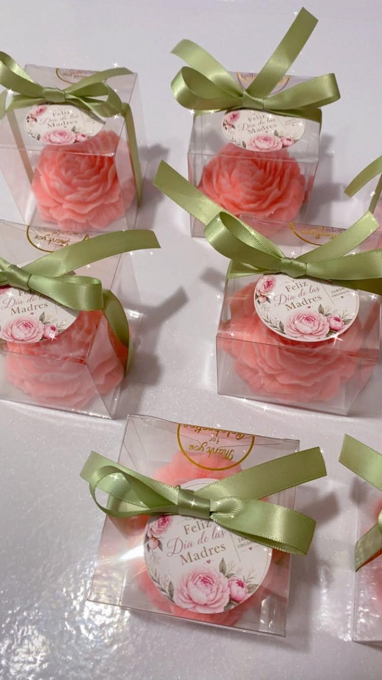 Handcrafted rose-shaped peony soaps, personalized and packaged for gifting.
