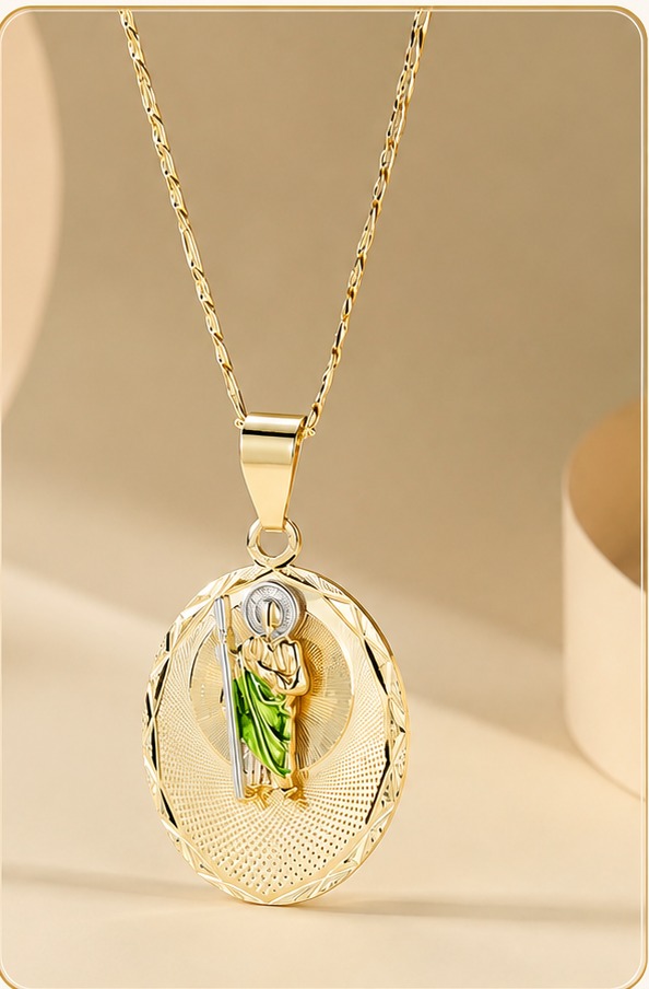 Gold-plated San Judas Tadeo medallion necklace with green enamel detail