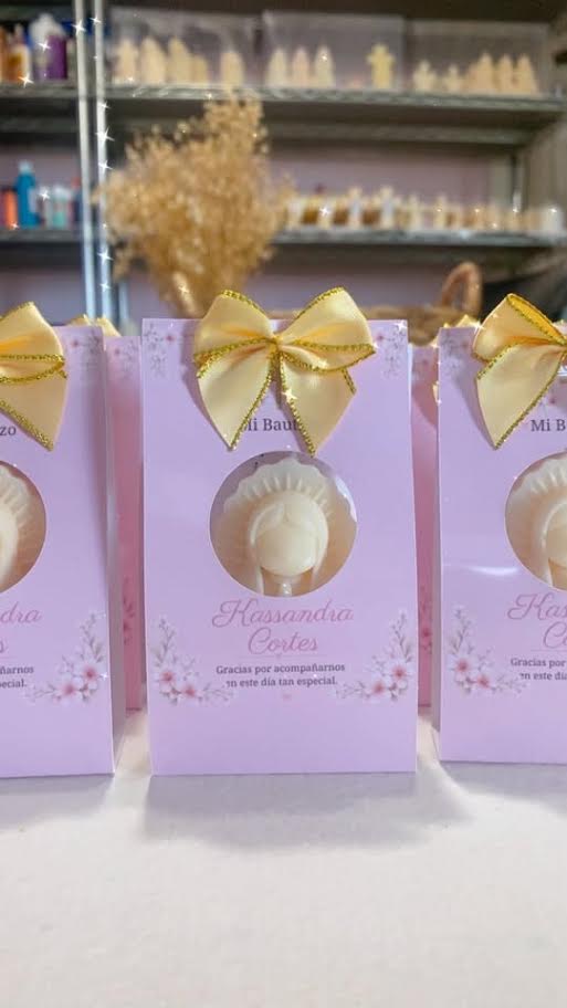 Mini Virgin of Guadalupe candle favors in cream wax with personalized tags