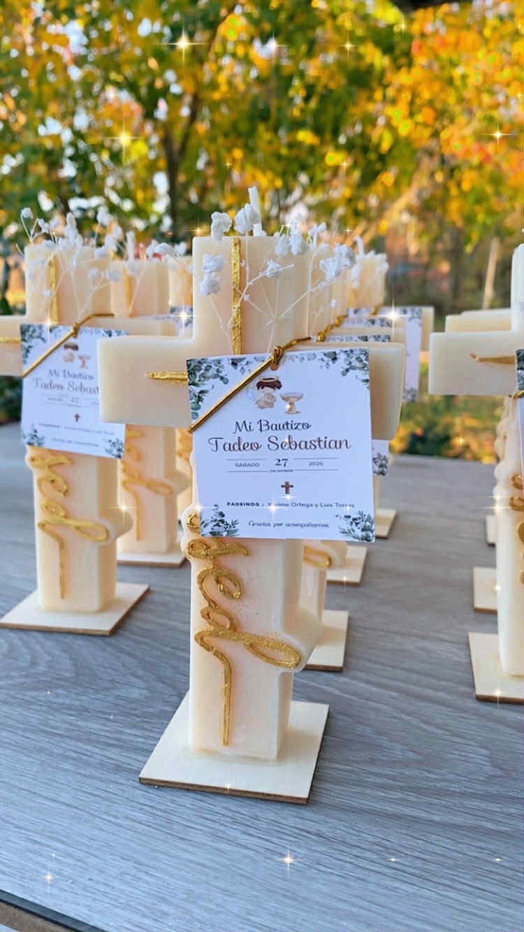 Faith Candle cross keepsakes with white dried flowers and personalized baptism labels on wooden bases