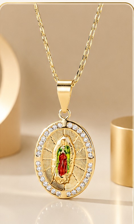 Gold-plated Virgin of Guadalupe medallion necklace framed with cubic zirconia stones