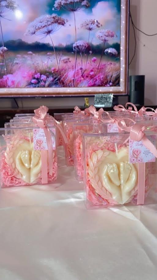Heart-shaped baby feet candle favors with personalized baby shower cards