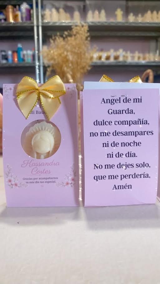 Mini Virgin of Guadalupe candle favors in cream wax with personalized tags